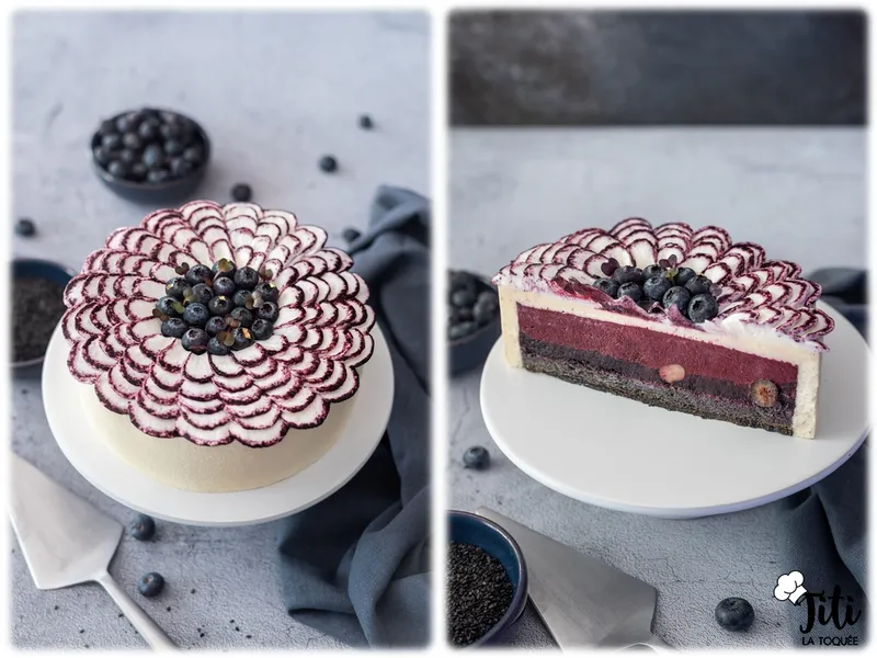 Entremets myrtille-yuzu & sésame noir
