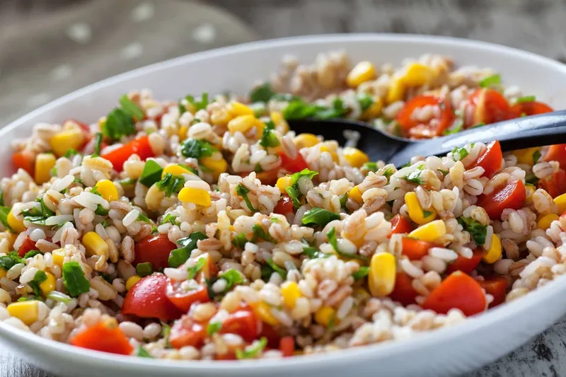 Salade de riz traditionnelle la vraie recette simple au thon, œufs et tomates