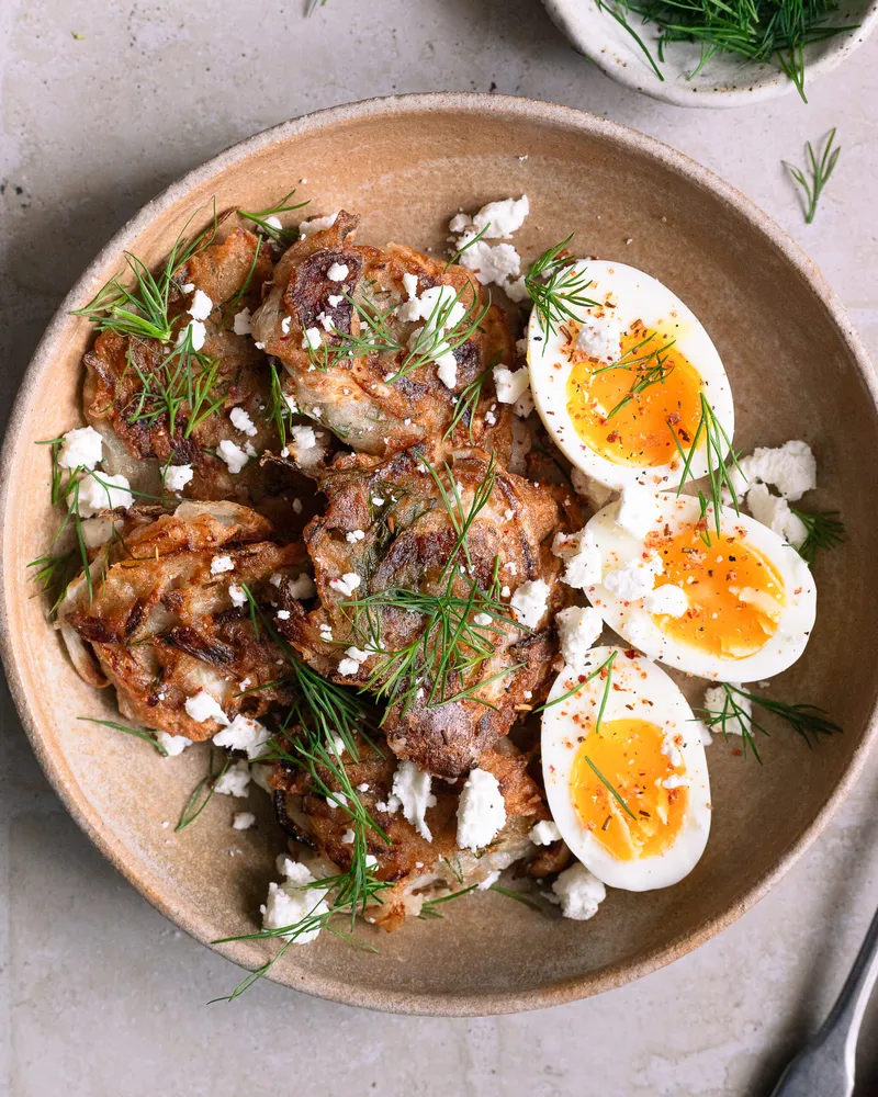 Croquettes de fenouil, oeufs mollets et feta