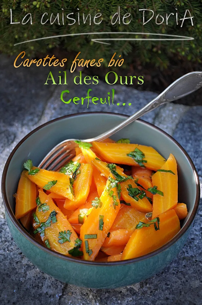 Carottes fanes bio, vinaigrette à l'ail des ours et cerfeuil du jardin