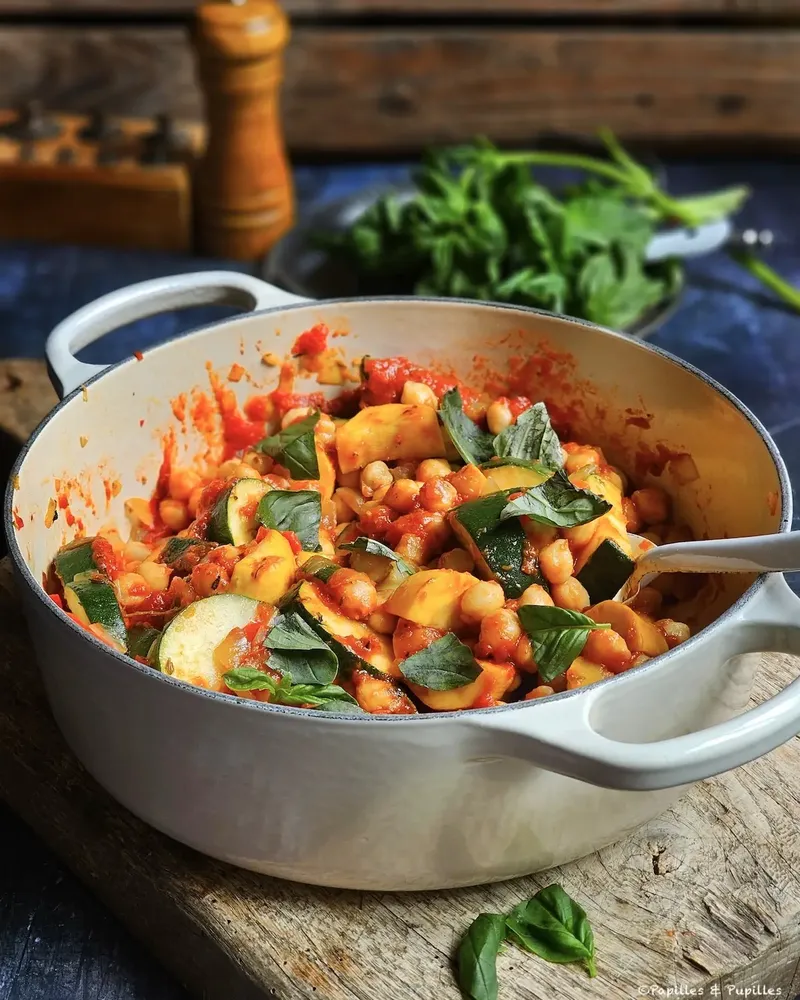 Courgettes aux pois chiches, tomate, citron et basilic