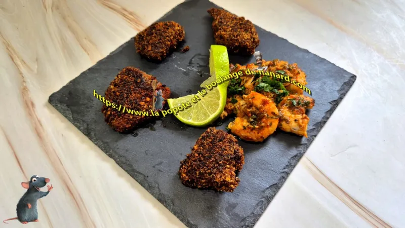 Foie de lotte en panure de chorizo et crevettes marinées à la plancha