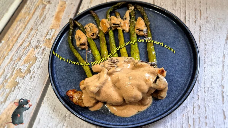 Ris de veau aux asperges vertes glacées, sauce aux morilles