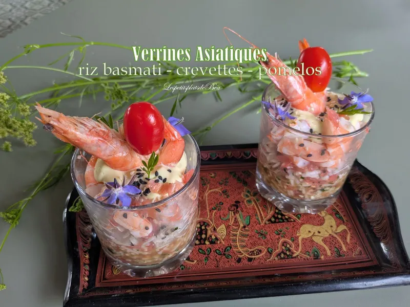 Verrines asiatiques, riz basmati, crevettes et pomelos