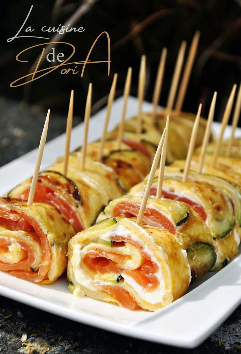 Roulés aux oeufs, courgette et truite fumée