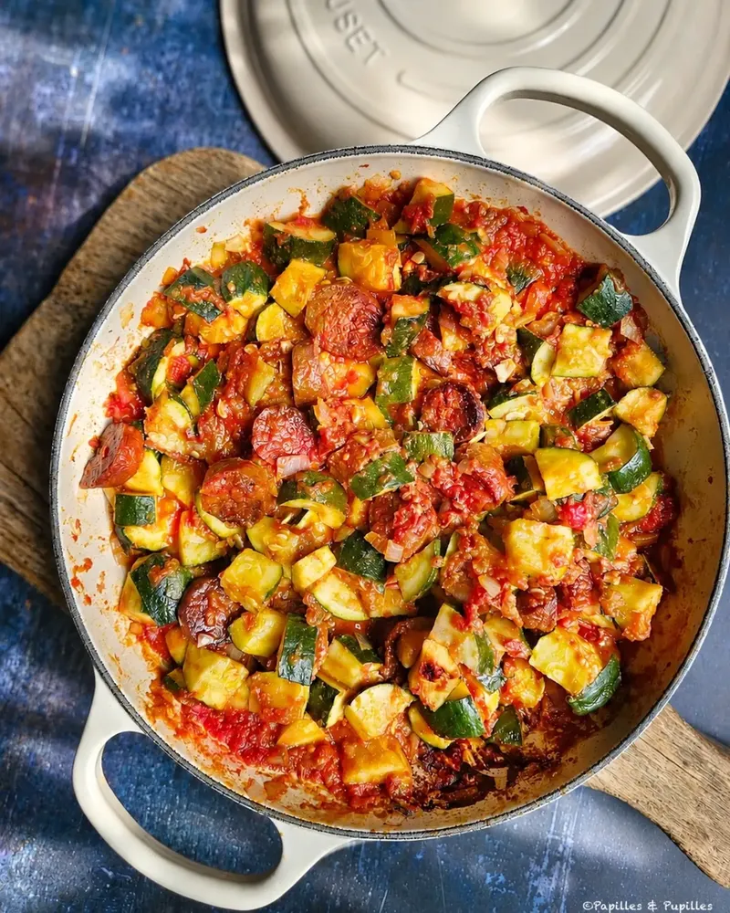 Courgettes au chorizo, sauce tomate légèrement épicée