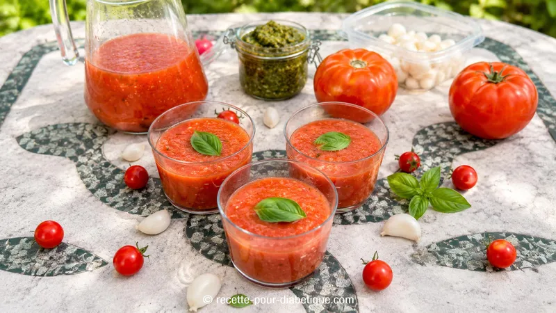 Gaspacho aux tomates cœur de bœuf, poivrons marinés et ail saumuré
