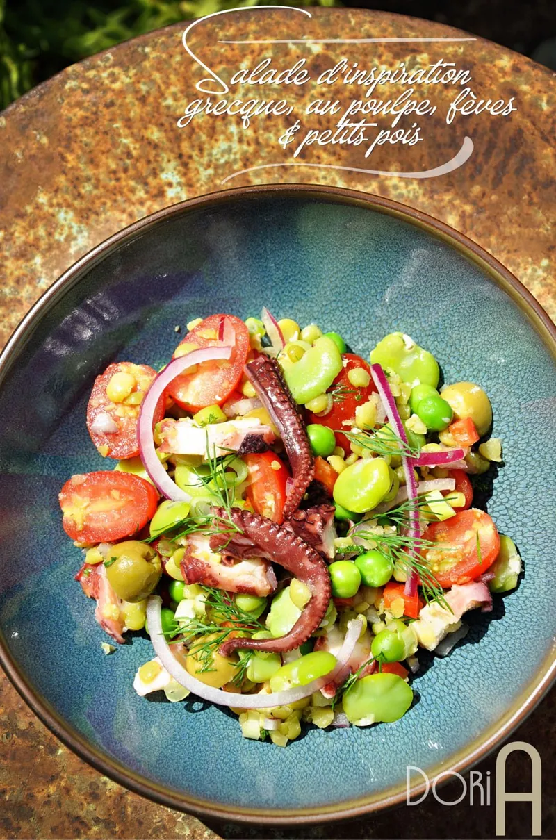 Salade d'inspiration grecque au poulpe, fèves & petits pois
