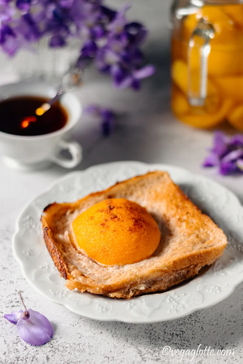 Dessert à la pêche façon pain perdu (végétalien, vegan)