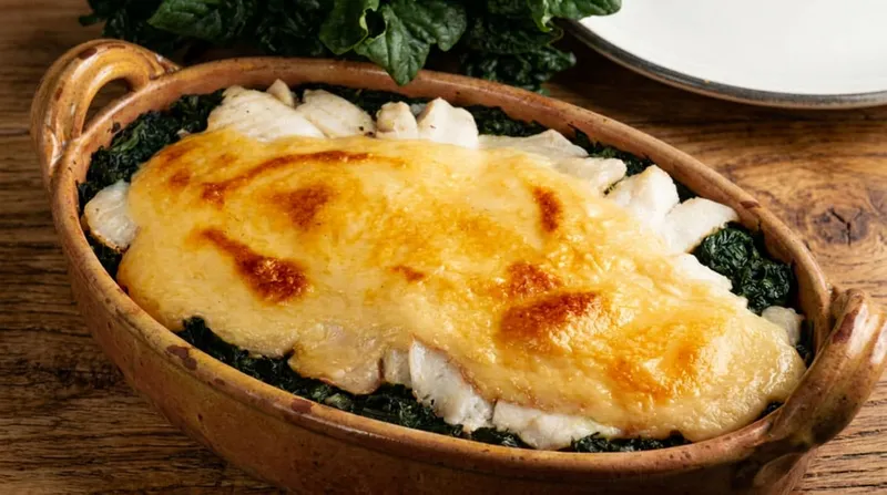 Merlu aux épinards fondants, gratiné sauce Mornay