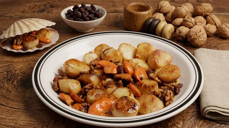 Saint-Jacques meunière aux noix et raisins whisky