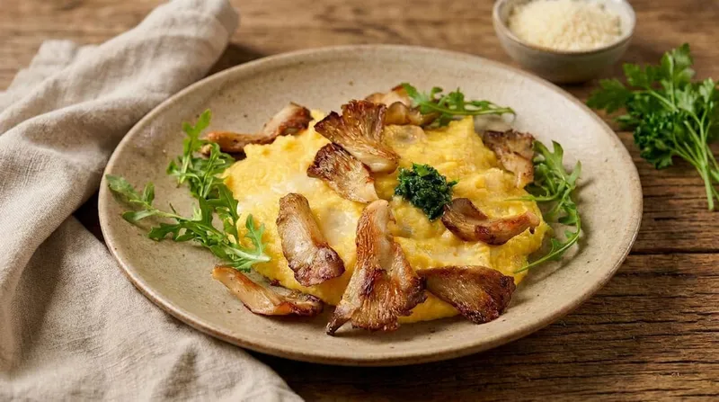 Polenta crémeuse au gorgonzola, pleurotes dorées et gremolata