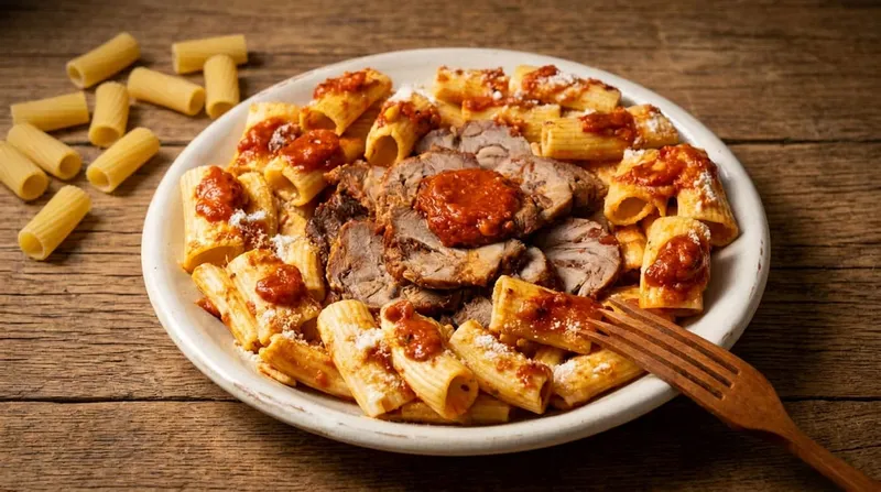 Gros macaroni à la napolitaine, farci au bœuf mijoté et aux pignons