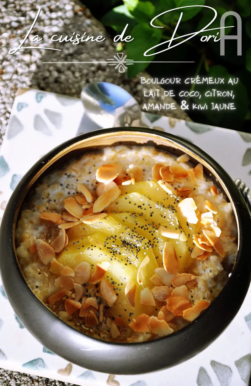 Boulgour crémeux au lait de coco, citron, amandes et kiwi jaune