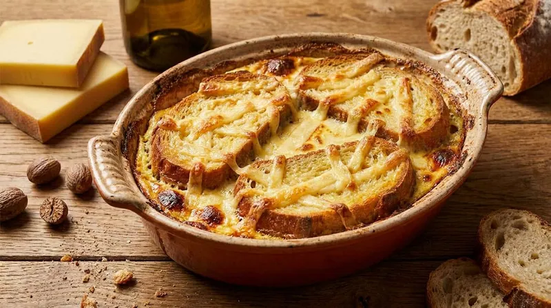 Gratinade de pain suisse : gruyère fondant, œufs, lait et vin blanc