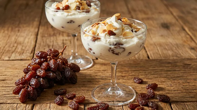 Fromage blanc aux raisins de Malaga au rhum, amandes effilées