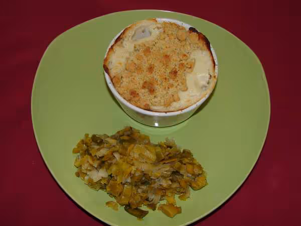 Crumble de saumon fondue de poireaux