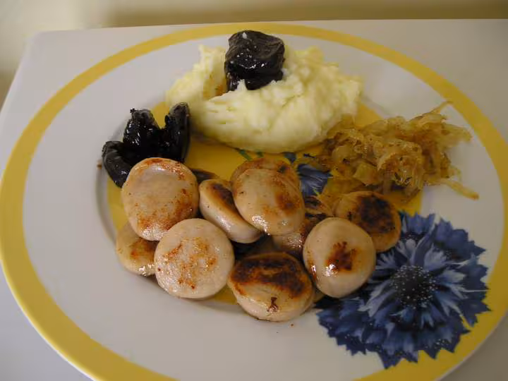 Boudin blanc confiture d oignon puree pruneaux