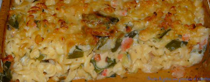 Gratin de pates aux poireaux et crevettes ww