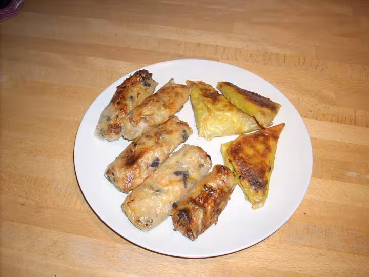 Nems au porc et samoussas de thon au curry