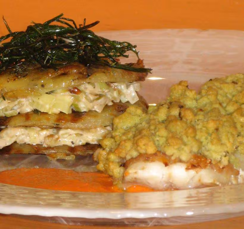 Cabillaud en rumble et so mille feuille de pommes de terre