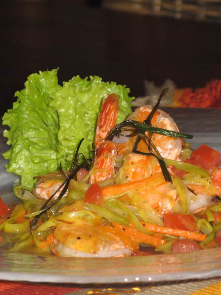 Camarons aux legumes sauce a l orange vanillee