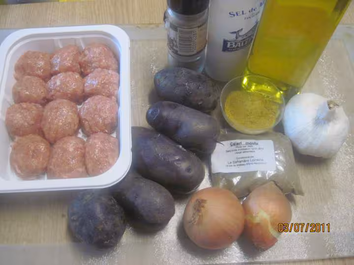 Boulettes de veau aux p de terre bleu sauce colombo