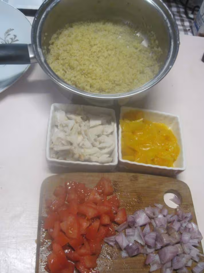 Boulgour aux legumes et crustaces frais