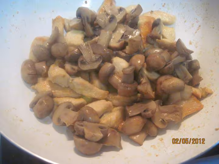 Lamelles de poulet aux carottes et champignons en sauce
