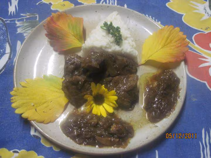 Morceaux de boeuf bourguignon aux oignons