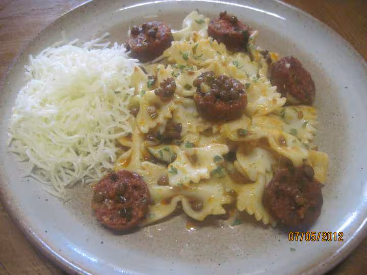 Pate farfalles au chorizo et lentilles