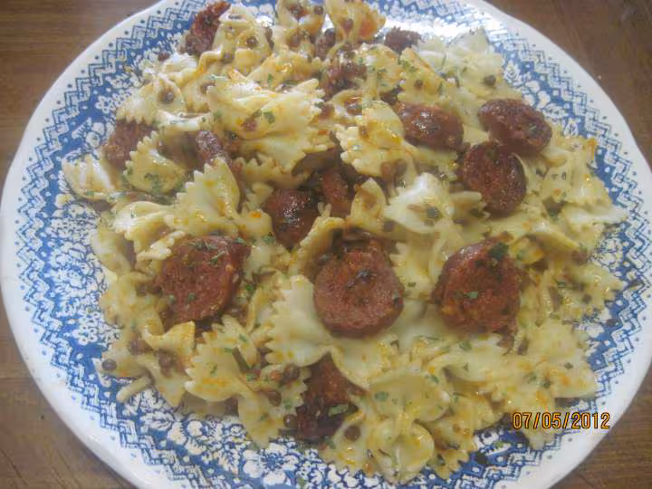 Pate farfalles au chorizo et lentilles