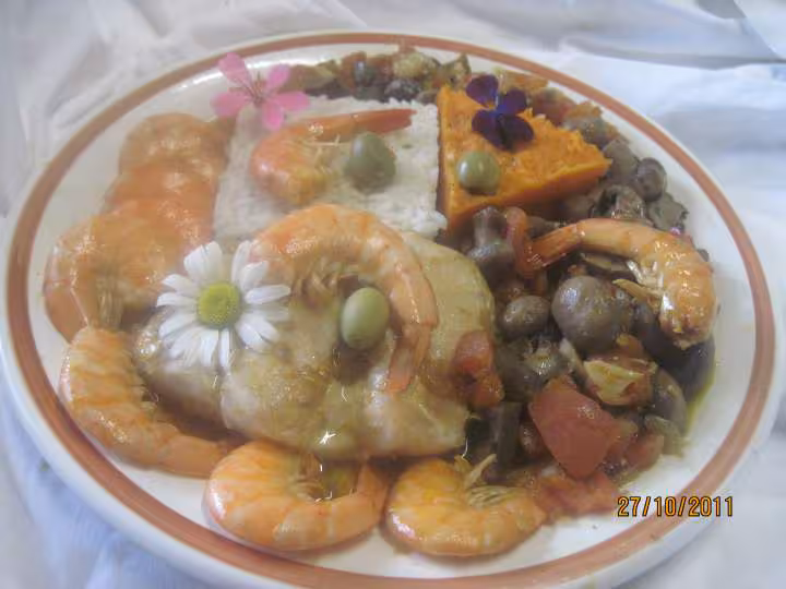 Pave de cabillaud aux legumes crevettes