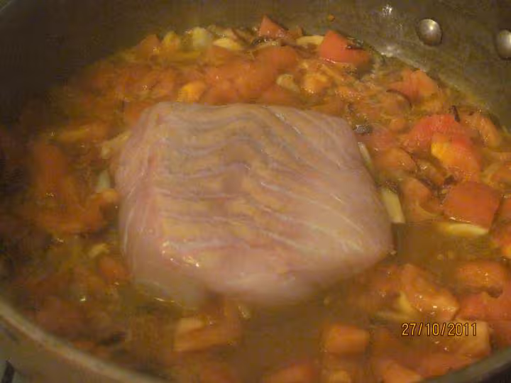 Pave de cabillaud aux legumes crevettes