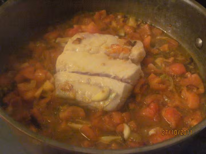 Pave de cabillaud aux legumes crevettes