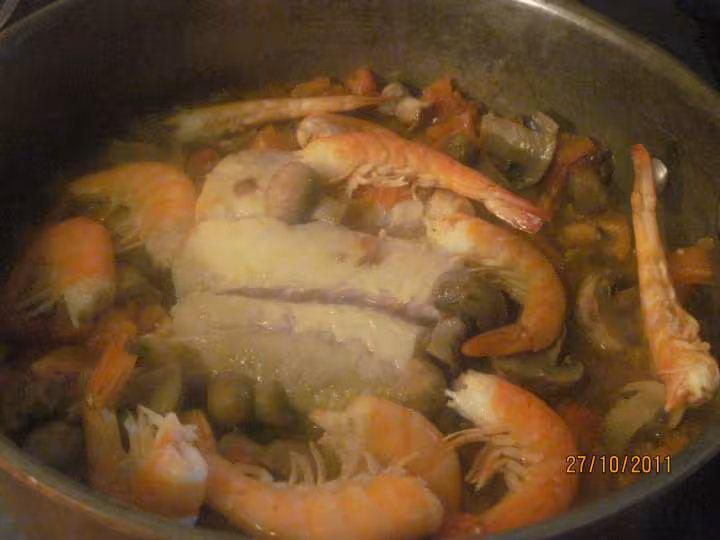 Pave de cabillaud aux legumes crevettes