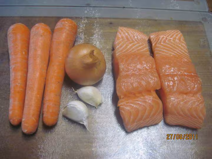 Paves de saumon rose sur un lit de carottes