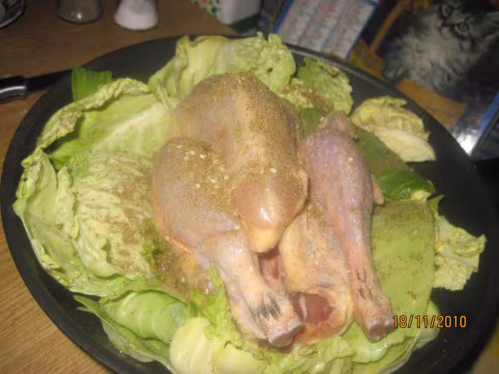 Pintade cuisinee sur un lit de choux