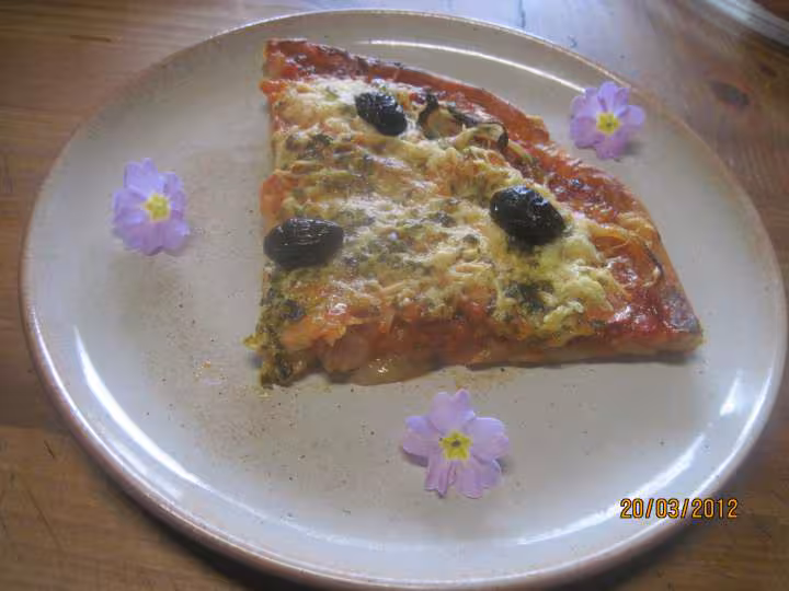 Pizza aux oignons et tranches de truite fumee