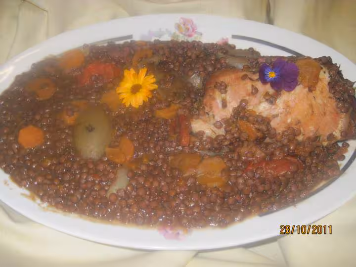 Plat de cote de porc aux lentilles