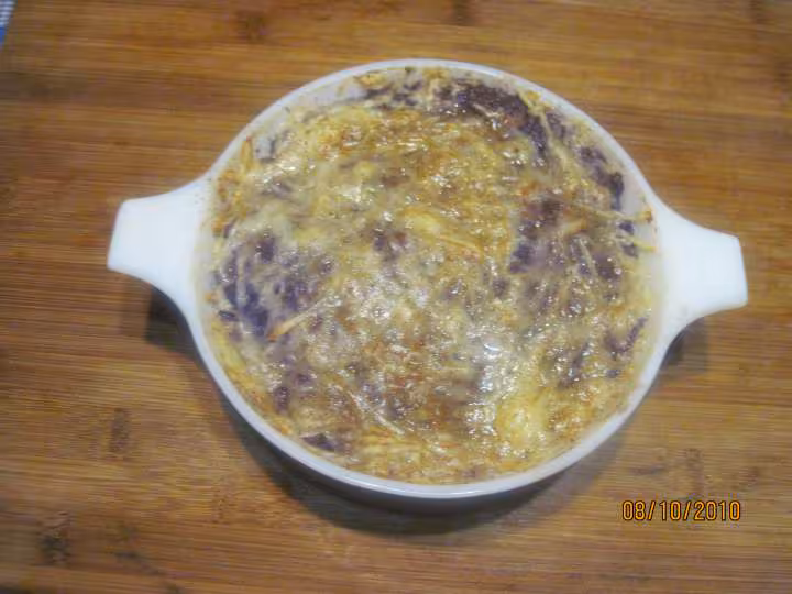Puree de p de terre vitelottes au snaks gratinees