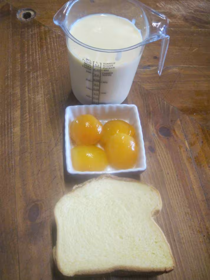 Radeau de brioche et abricots sur une creme d anglaise