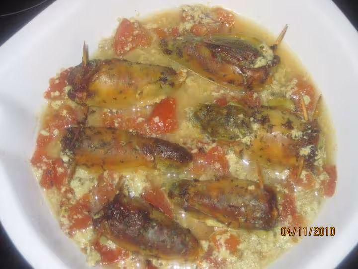 Seiches farcies cuits au vin blanc