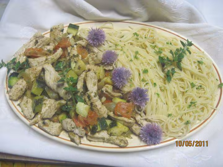 Spaghetti au poulet sauce pesto