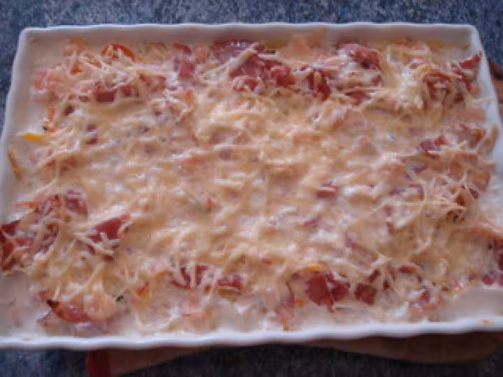 Gratin de lieu a la creme de bacon et a l emmental