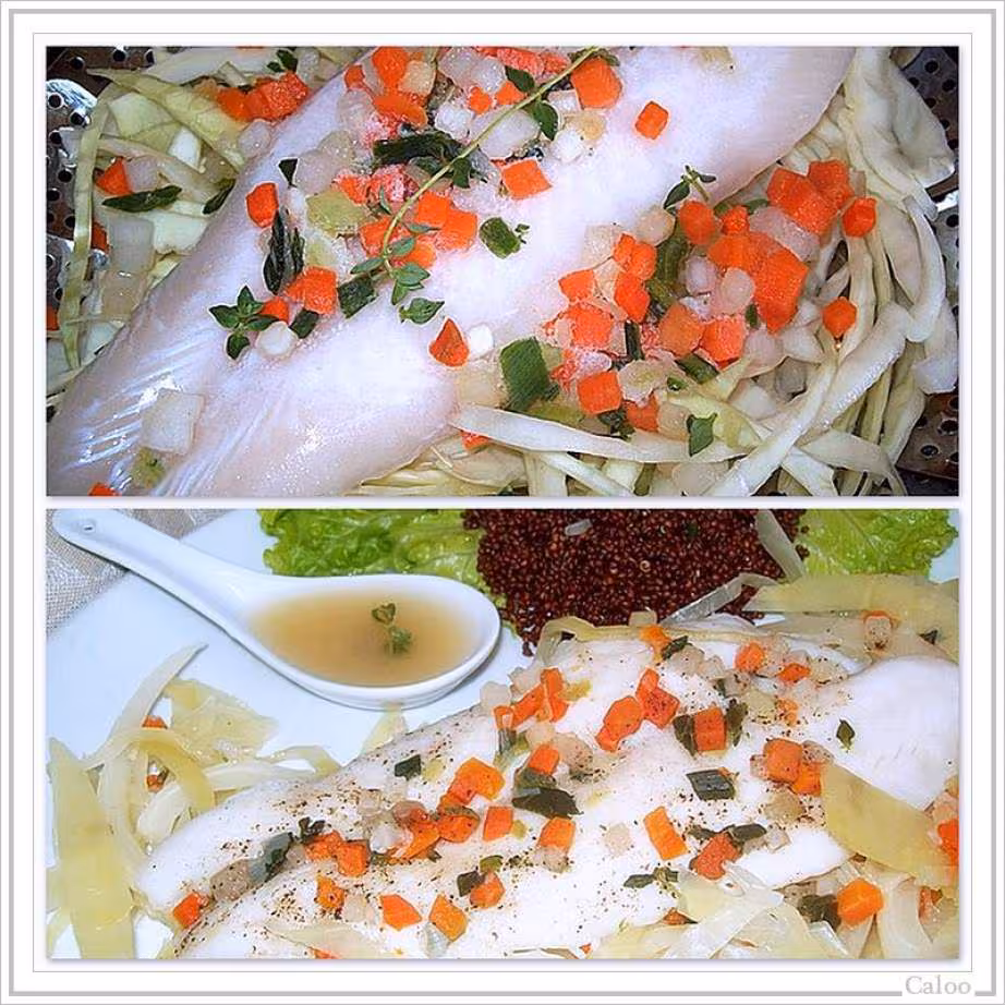Filet de pangasius a la vapeur sur lit de chou et quinoa rouge
