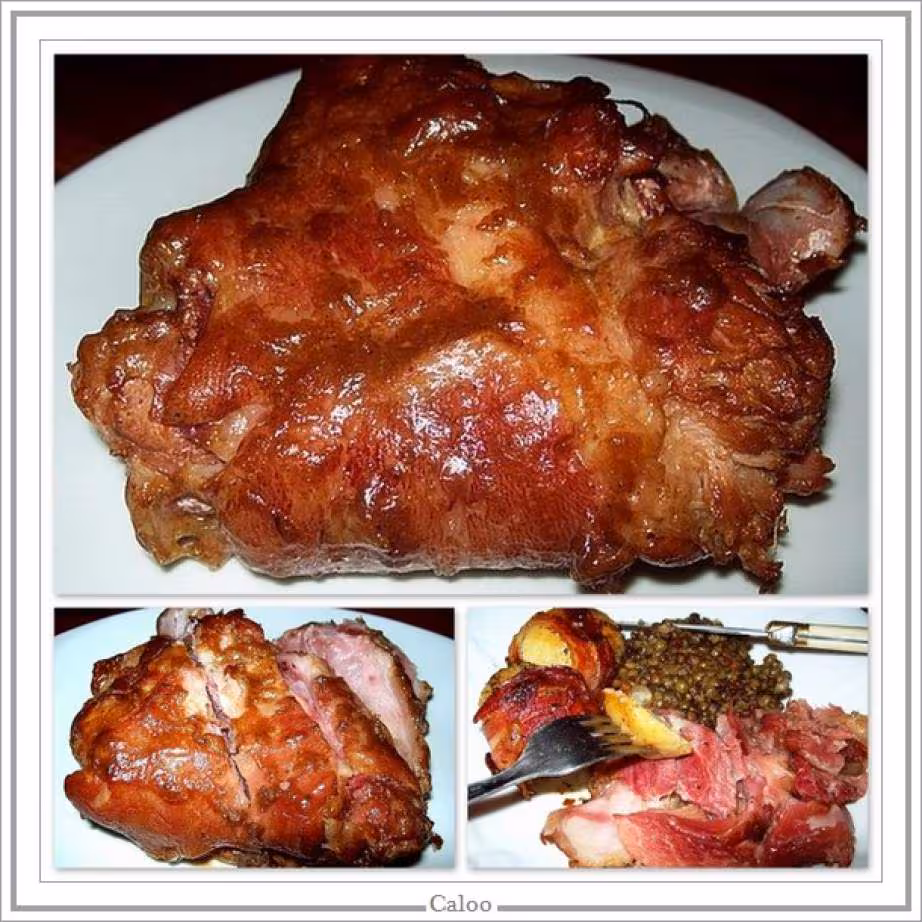 Jambonneau braise pommes de terre au lard fume et lentilles vertes