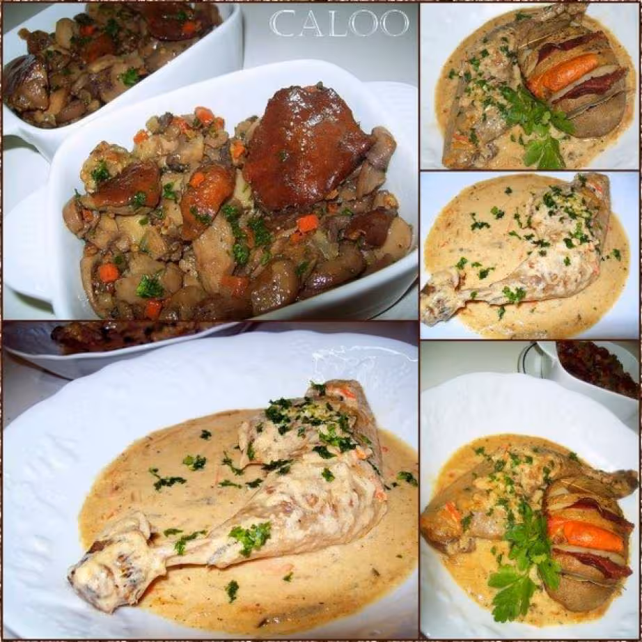 Pintade sauce veloutee poelee de champignons pom nille