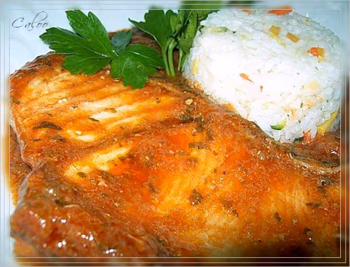 Requin a la marengo et riz aux legumes