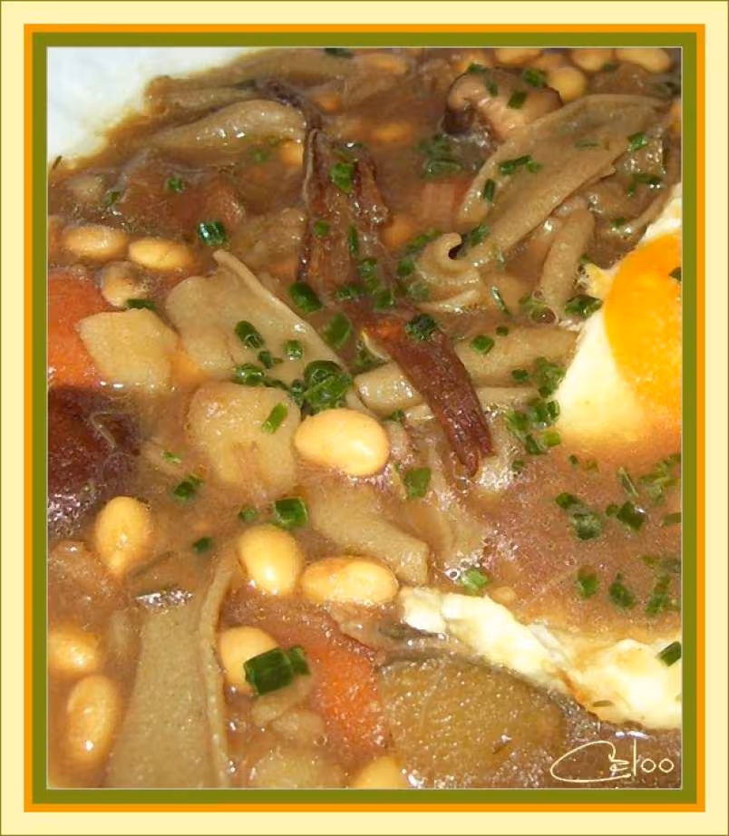 Soupe vegetarienne au soja jaune pates aux orties shiitkes et fleurs de lys